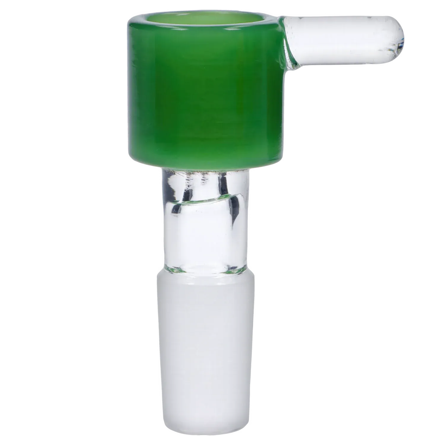 Close-up side view of the Dopezilla Replacement Bowl - Jade - Male 14mm showing a glossy green cylindrical bowl top joined to a clear glass stem against a white background