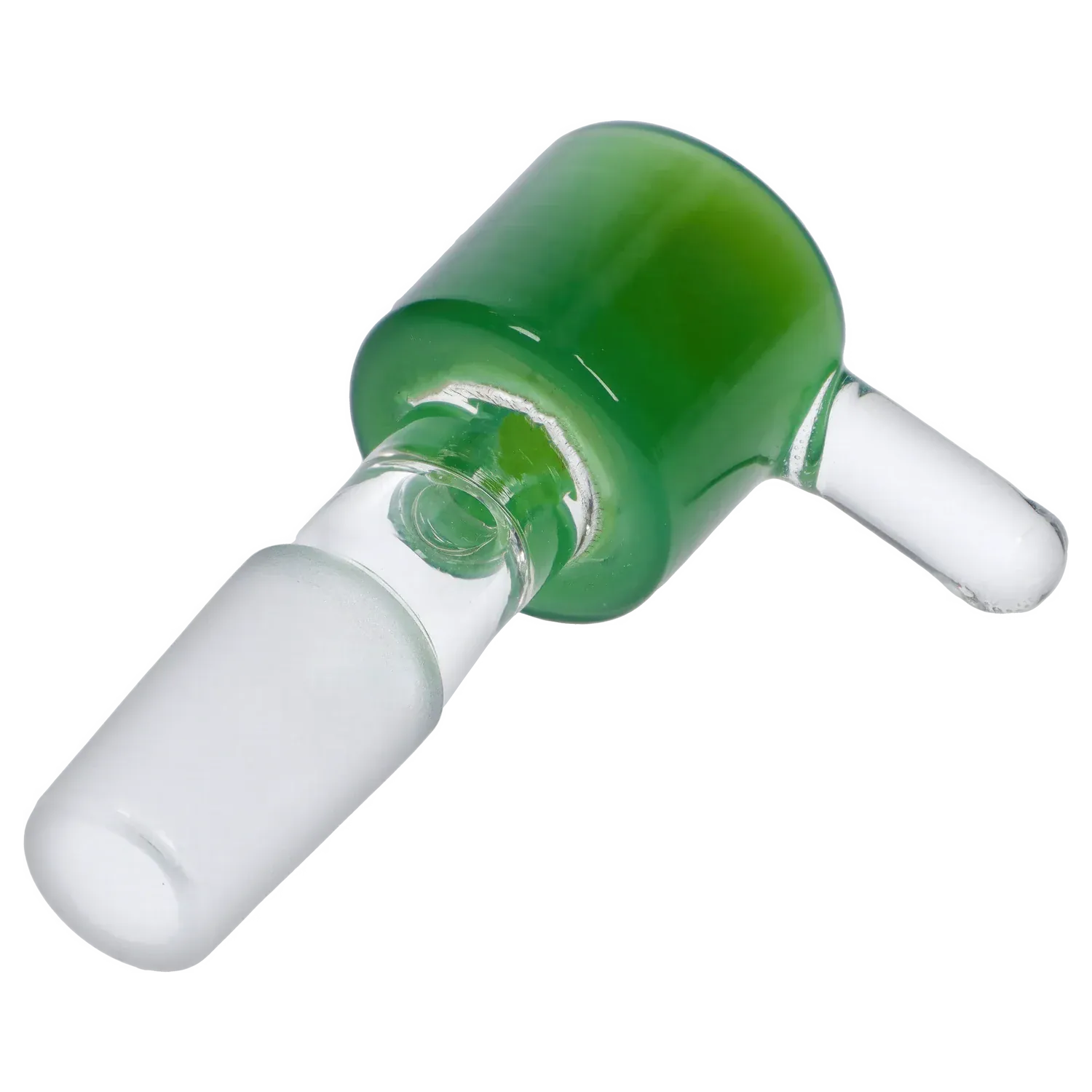 Angled close-up of the green Dopezilla Replacement Bowl - Jade - Male 14mm showing its glossy rounded bowl and two clear glass stems.