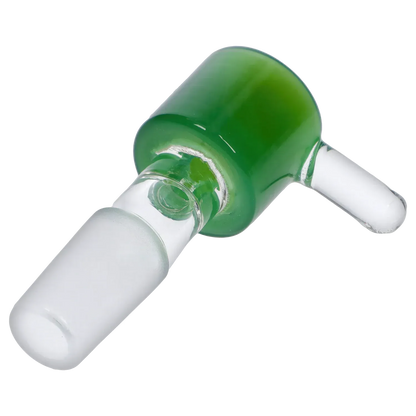 Angled close-up of the green Dopezilla Replacement Bowl - Jade - Male 14mm showing its glossy rounded bowl and two clear glass stems.