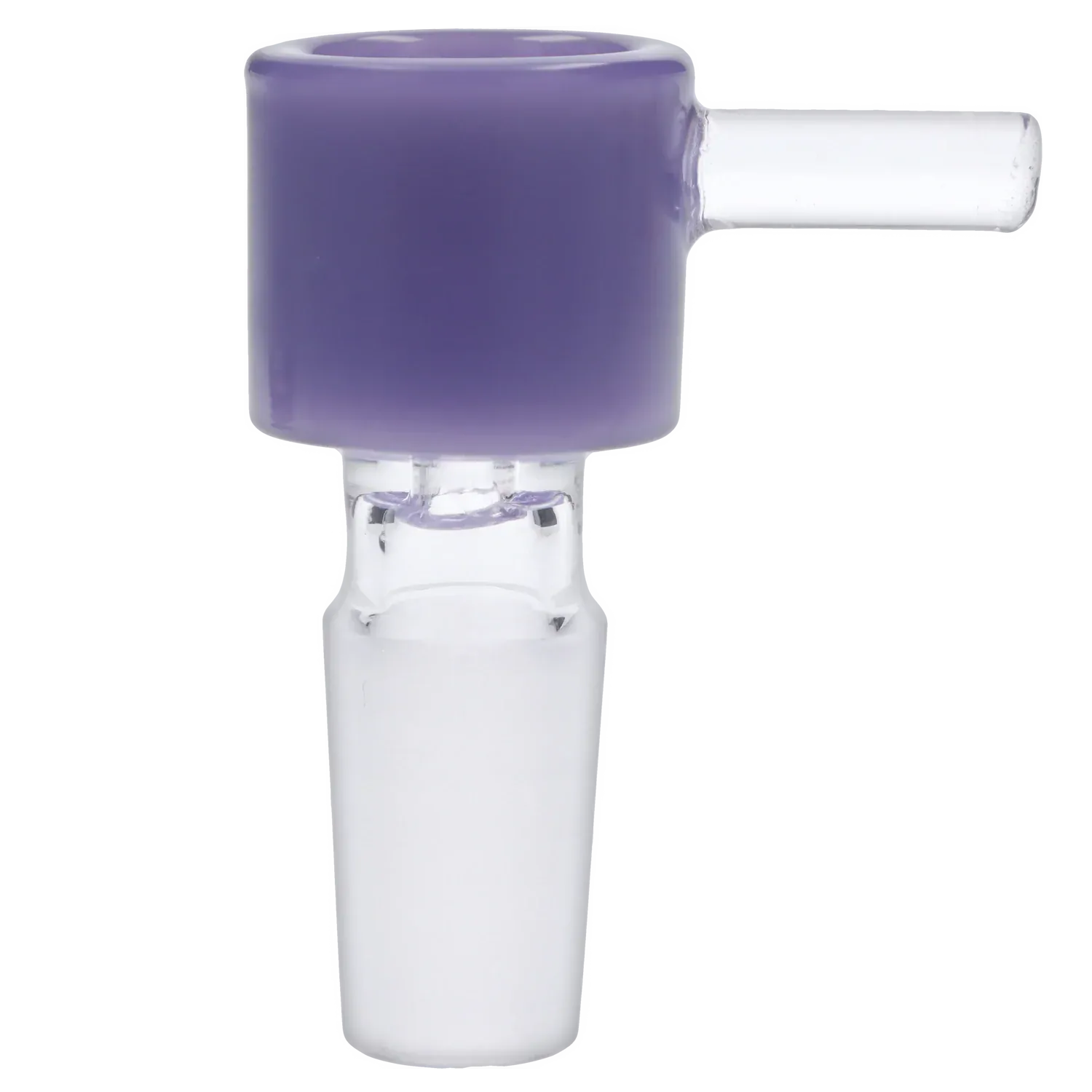 Close-up side view of the Dopezilla Replacement Bowl - Milky Purple - Male 14mm showing the smooth milky purple cup and clear glass joint against a white background.
