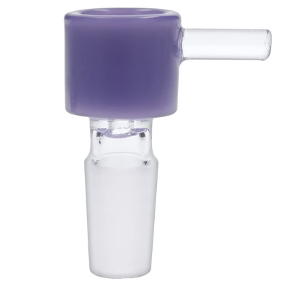 Close-up side view of the Dopezilla Replacement Bowl - Milky Purple - Male 14mm showing the smooth milky purple cup and clear glass joint against a white background.