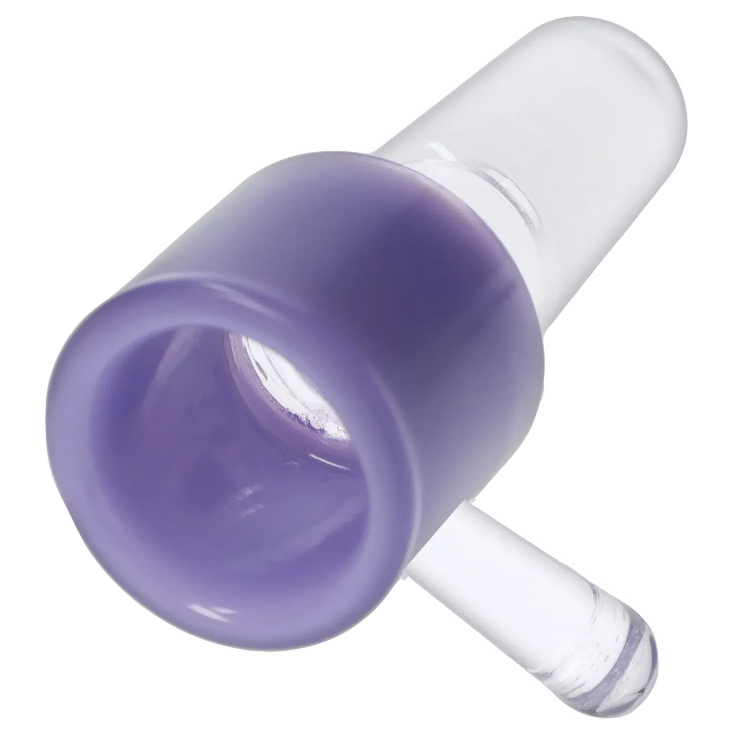 Close-up angled view of the Milky Purple Dopezilla Replacement Bowl - Milky Purple - Male 14mm showing its rounded purple rim and clear glass stem