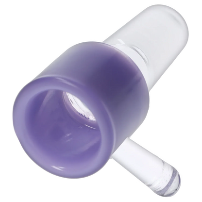 Close-up angled view of the Milky Purple Dopezilla Replacement Bowl - Milky Purple - Male 14mm showing its rounded purple rim and clear glass stem