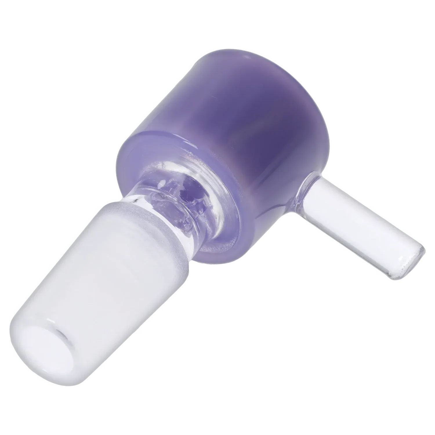 Close-up angled view of the Milky Purple Dopezilla Replacement Bowl - Male 14mm showing its rounded purple cup and two clear glass joints.