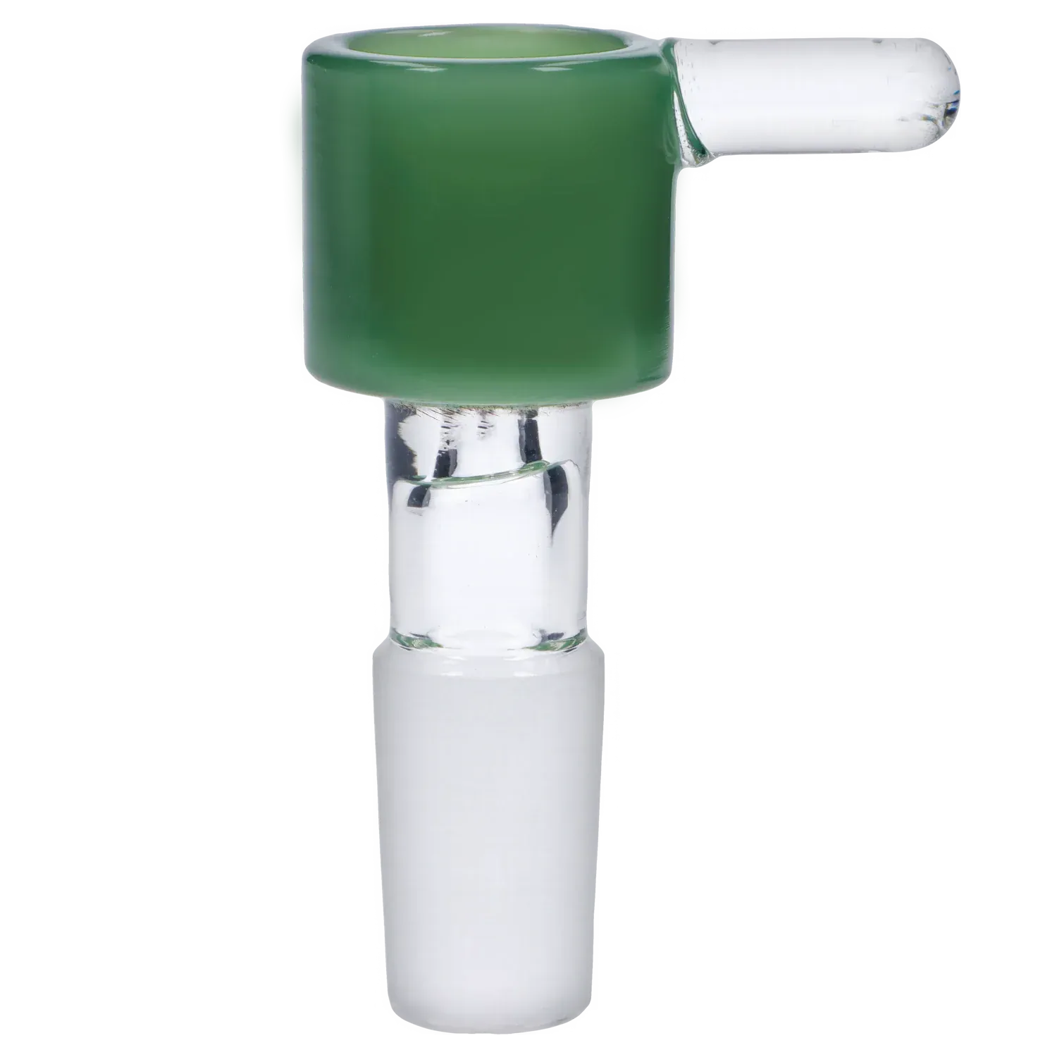 Close-up side view of the Dopezilla Replacement Bowl - Mint Green - Male 14mm showing the cylindrical mint-green bowl top with a clear glass joint and slim clear handle.