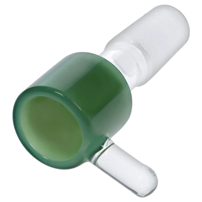 Angled close-up of the Dopezilla Replacement Bowl - Mint Green - Male 14mm showing the glossy mint-green cup and clear glass stem against a white background