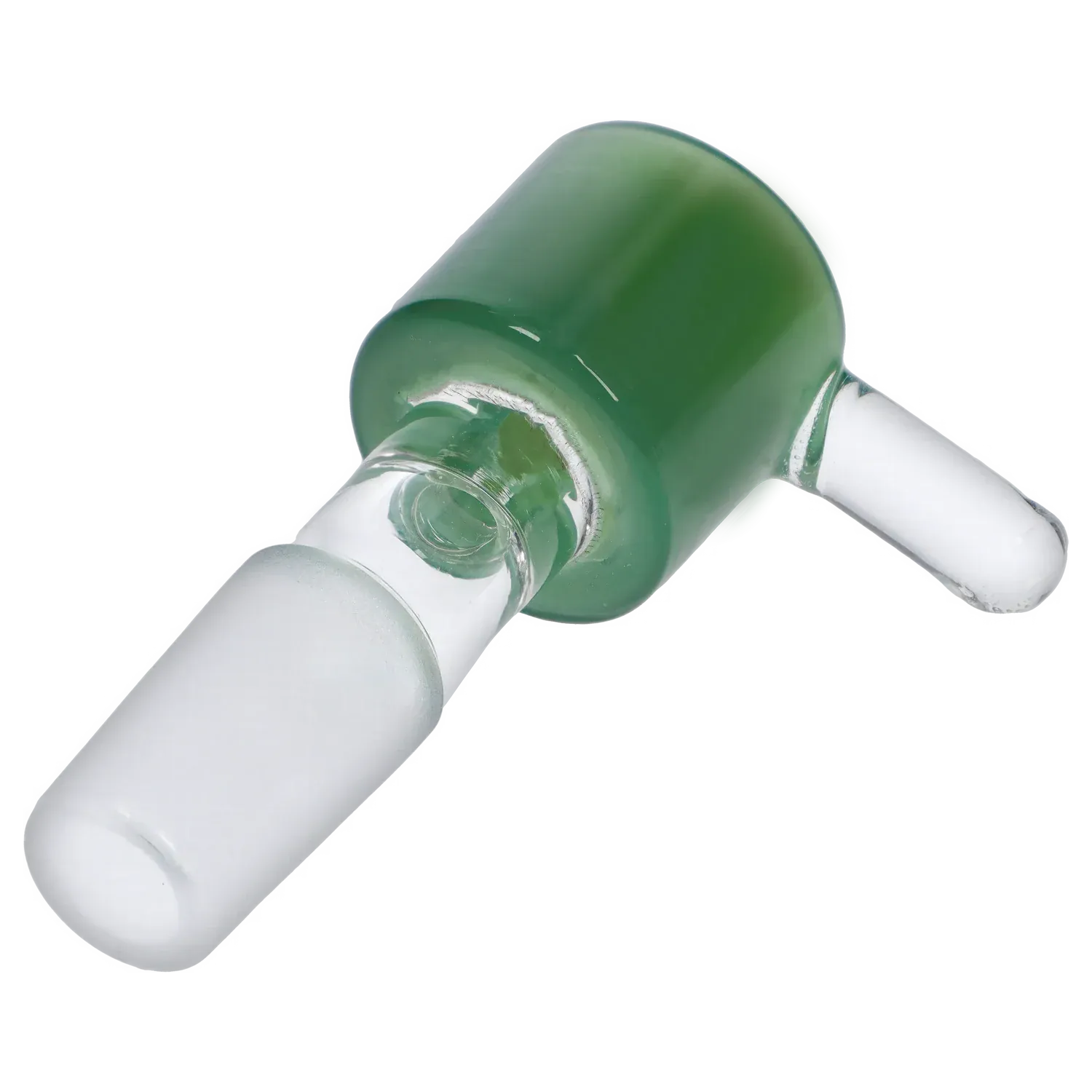 Angled close-up of the Dopezilla Replacement Bowl - Mint Green - Male 14mm showing its glossy green glass cup and clear frosted 14mm male joint.