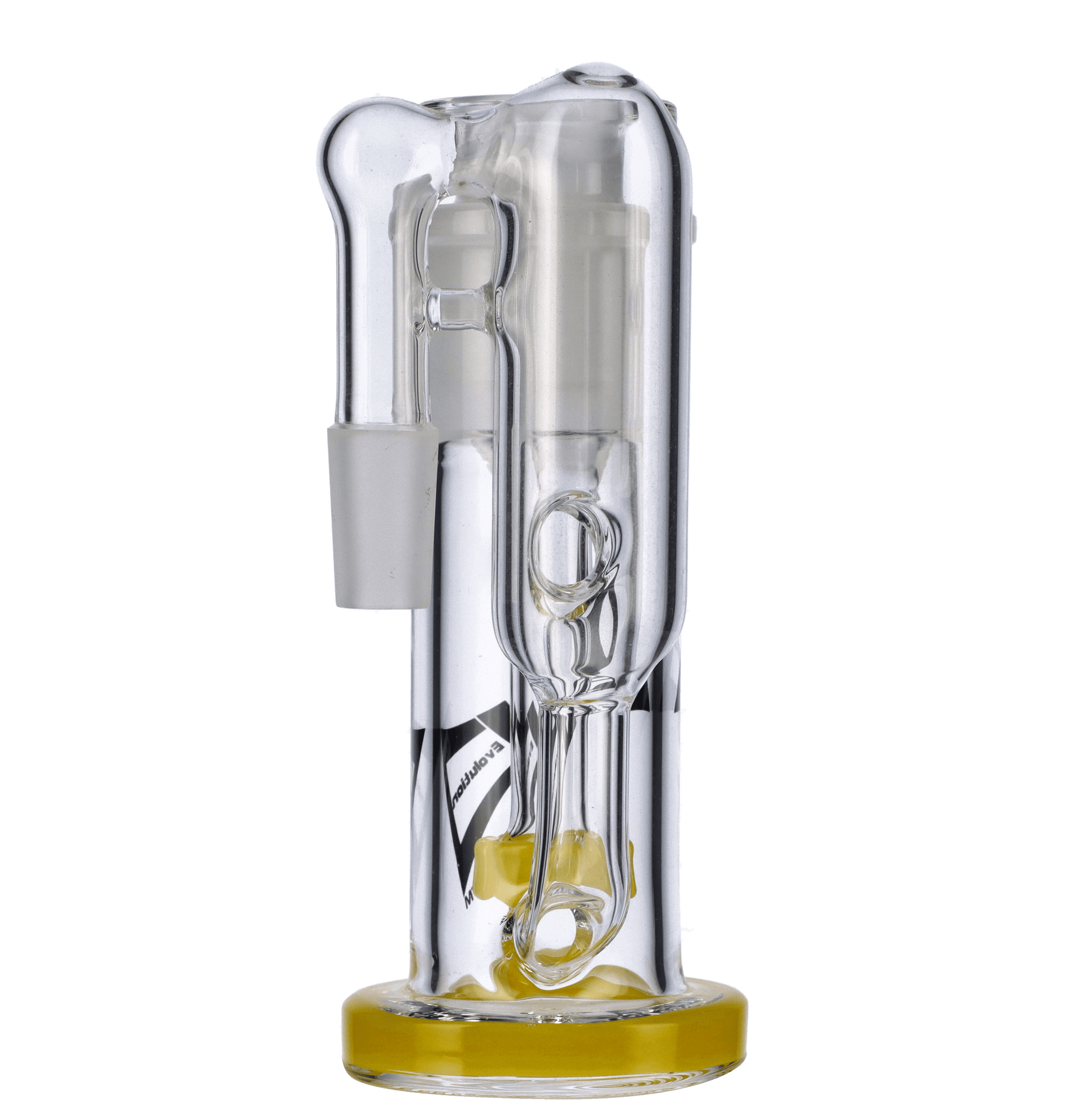 A studio shot of the 5.5-inch Valiant Ash Catcher in yellow glass, angled to showcase its removable showerhead and joint connection.