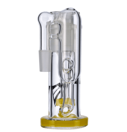 A studio shot of the 5.5-inch Valiant Ash Catcher in yellow glass, angled to showcase its removable showerhead and joint connection.