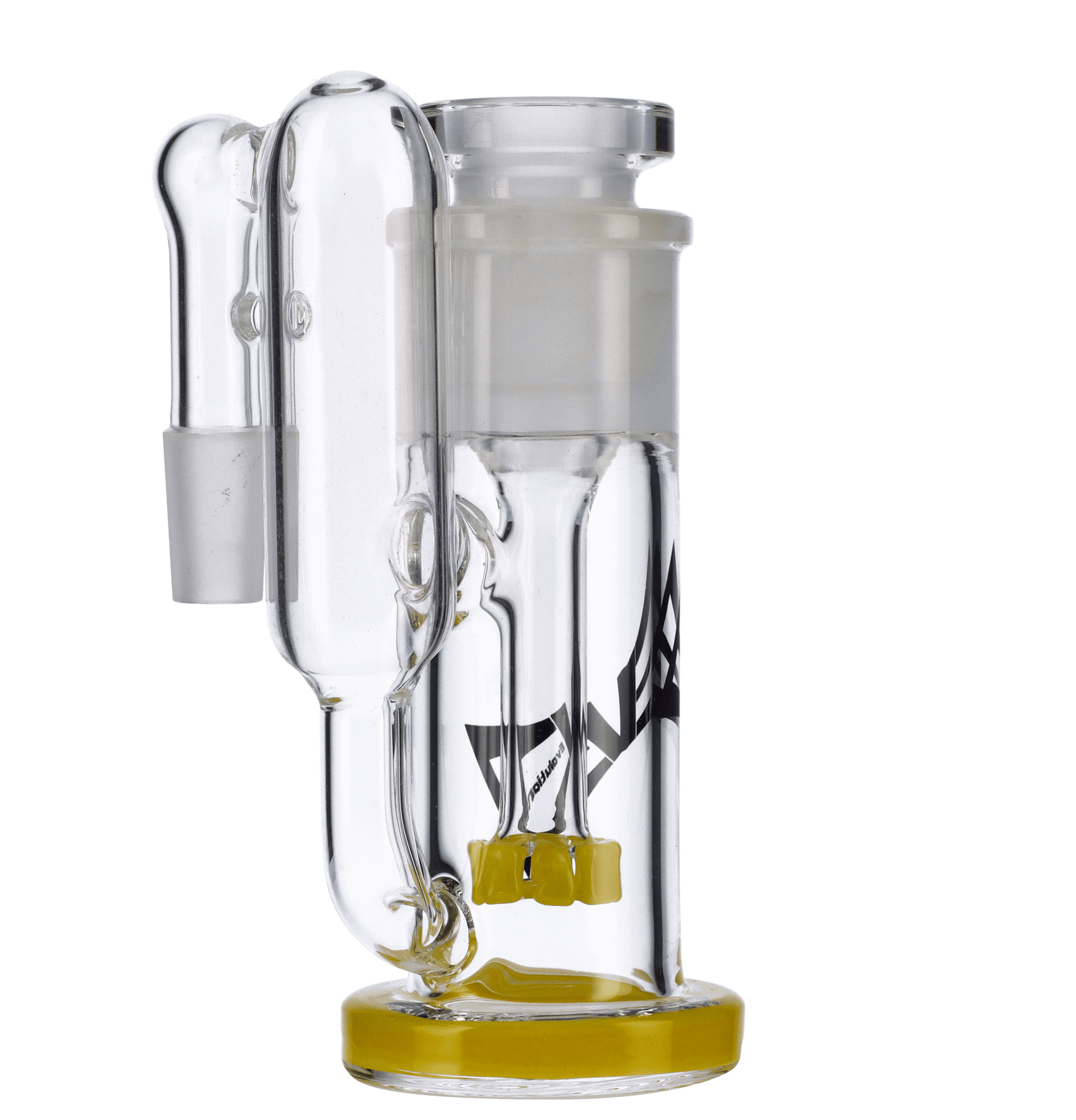 A studio shot of the Valiant Ash Catcher with Removable Showerhead in yellow, showcasing its clear glass construction and angled design.