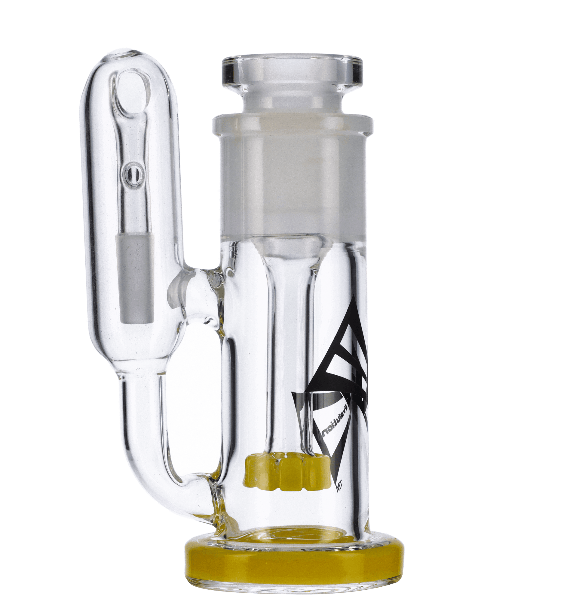 A side view of the Valiant Ash Catcher with Removable Showerhead in yellow glass, showcasing its curved form and connection point.