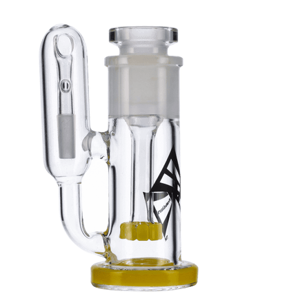 A side view of the Valiant Ash Catcher with Removable Showerhead in yellow glass, showcasing its curved form and connection point.