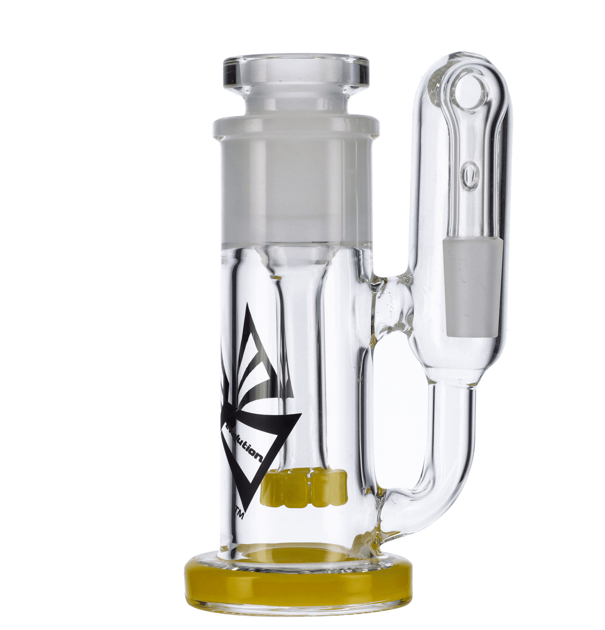 A side view of the Valiant Ash Catcher with Removable Showerhead, showcasing the yellow glass and curved design.