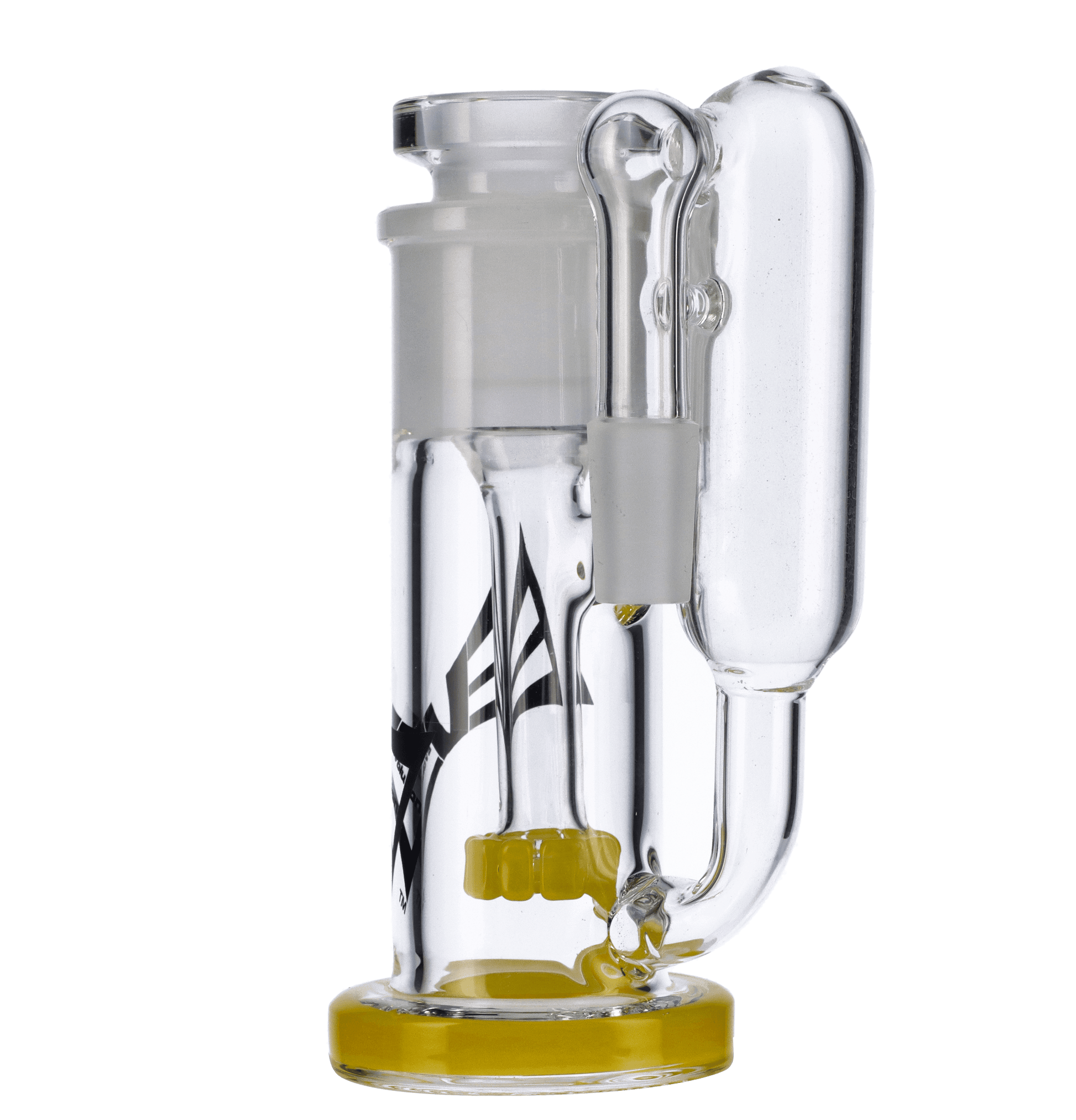 A side view of the 5.5-inch Valiant Ash Catcher with a yellow base and removable showerhead, displaying its glass construction.