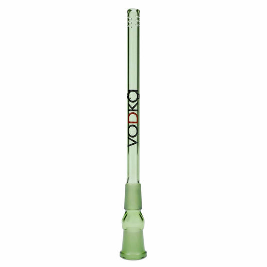 A straight-on view of the green 160mm Vodka Downstem, showing its simple cylindrical glass construction.
