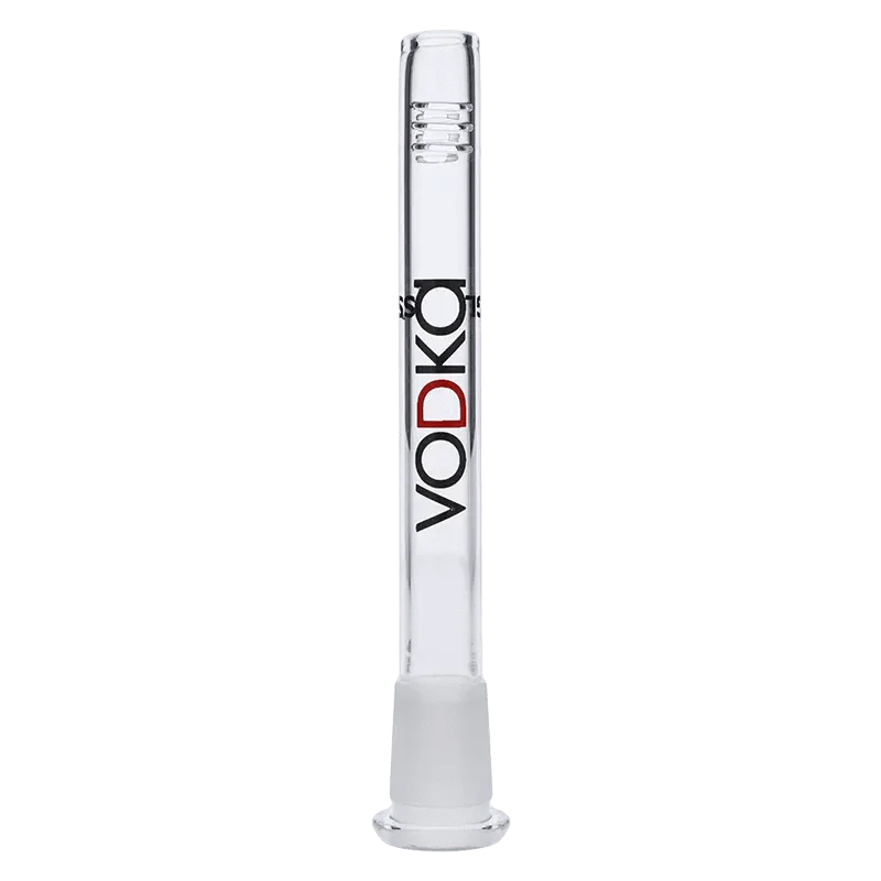 Front view of the 140mm Vodka Downstem, a clear glass flush mount piece with a simple cylindrical shape.
