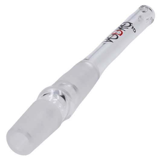 A close-up view of the Vodka Downstem - Male to Male 127mm, showcasing its clear glass construction and simple cylindrical shape.