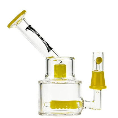 Front view of the 6-inch Evolution Morning Glory Dab Rig with a yellow dome and banger, highlighting its glass construction.