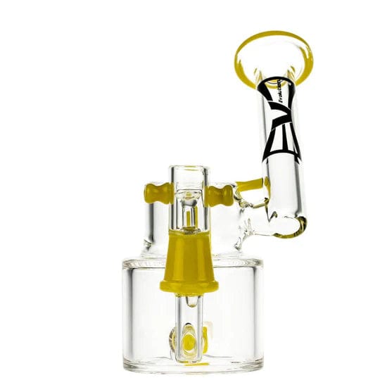 A three-quarter view of the 6-inch yellow Evolution Morning Glory Dab Rig with a dome and banger, highlighting its clear glass construction.