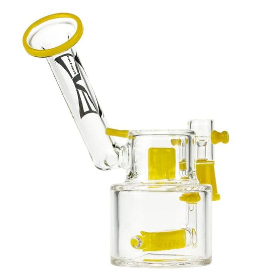 A three-quarter view of the 6-inch Evolution Morning Glory Dab Rig in yellow, showcasing its clear glass construction and dome accessory.