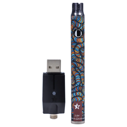 Vertical close-up of the Famous Design Lit Sticc VV Battery - Mixed Design showing its colorful swirled pattern, round chrome button, and separate USB charger.
