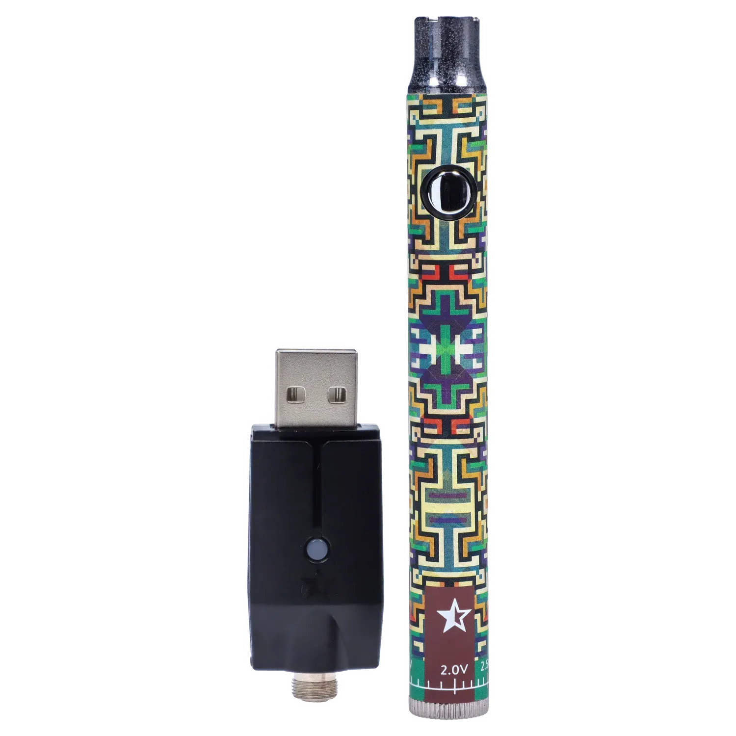 Vertical studio shot of the Famous Design Lit Sticc VV Battery - Mixed Design showing its colorful geometric pattern and adjacent black USB charger.