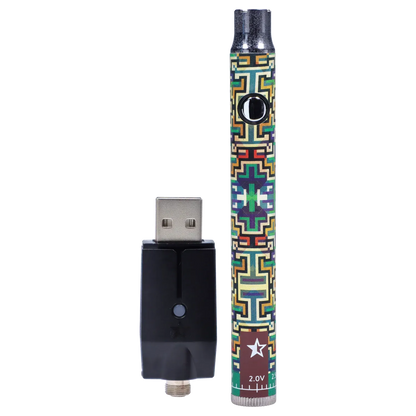 Vertical studio shot of the Famous Design Lit Sticc VV Battery - Mixed Design showing its colorful geometric pattern and adjacent black USB charger.