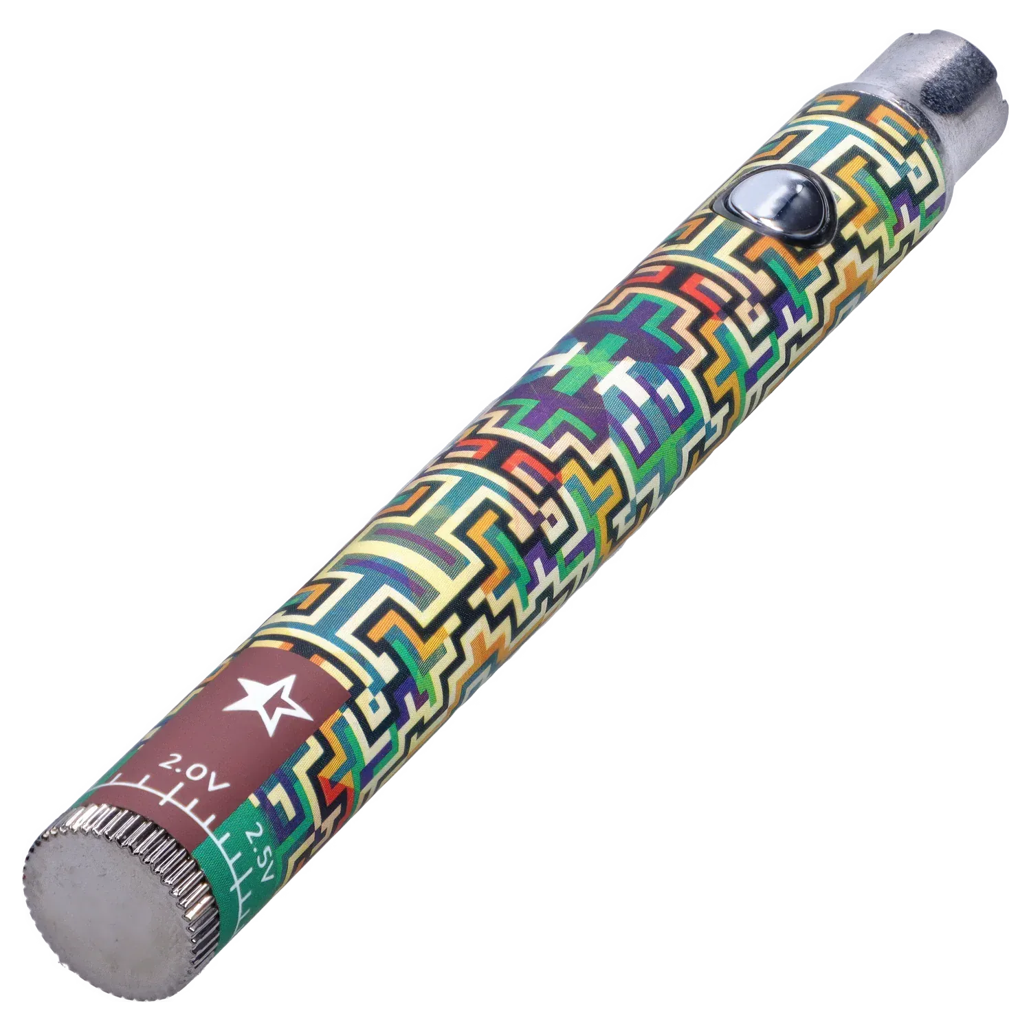 Angled close-up of a colorful patterned Famous Design Lit Sticc VV Battery - Mixed Design showing its metal tip, raised power button, and geometric print.