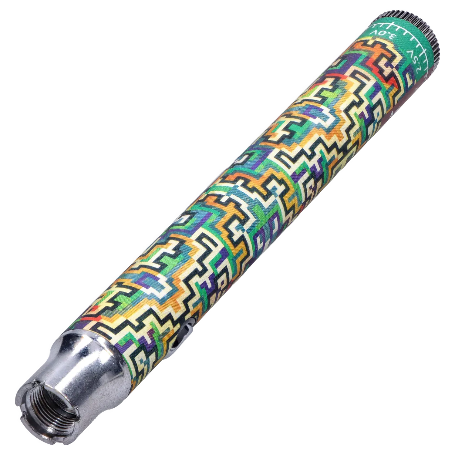 Angled close-up of the Famous Design Lit Sticc VV Battery - Mixed Design showing its colorful geometric wrap and metal threaded tip against a white background