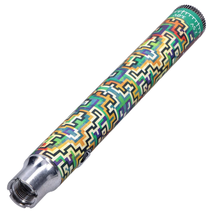 Angled close-up of the Famous Design Lit Sticc VV Battery - Mixed Design showing its colorful geometric wrap and metal threaded tip against a white background