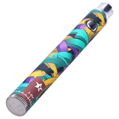 Angled close-up of the Famous Design Lit Sticc VV Battery - Mixed Design showing its colorful teal, purple, and yellow patterned sleeve and metal tip.