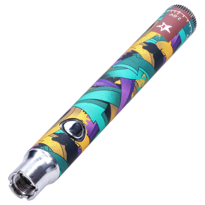 Angled close-up of the Famous Design Lit Sticc VV Battery - Mixed Design showing its colorful teal, purple and yellow patterned wrap and metal threaded end.