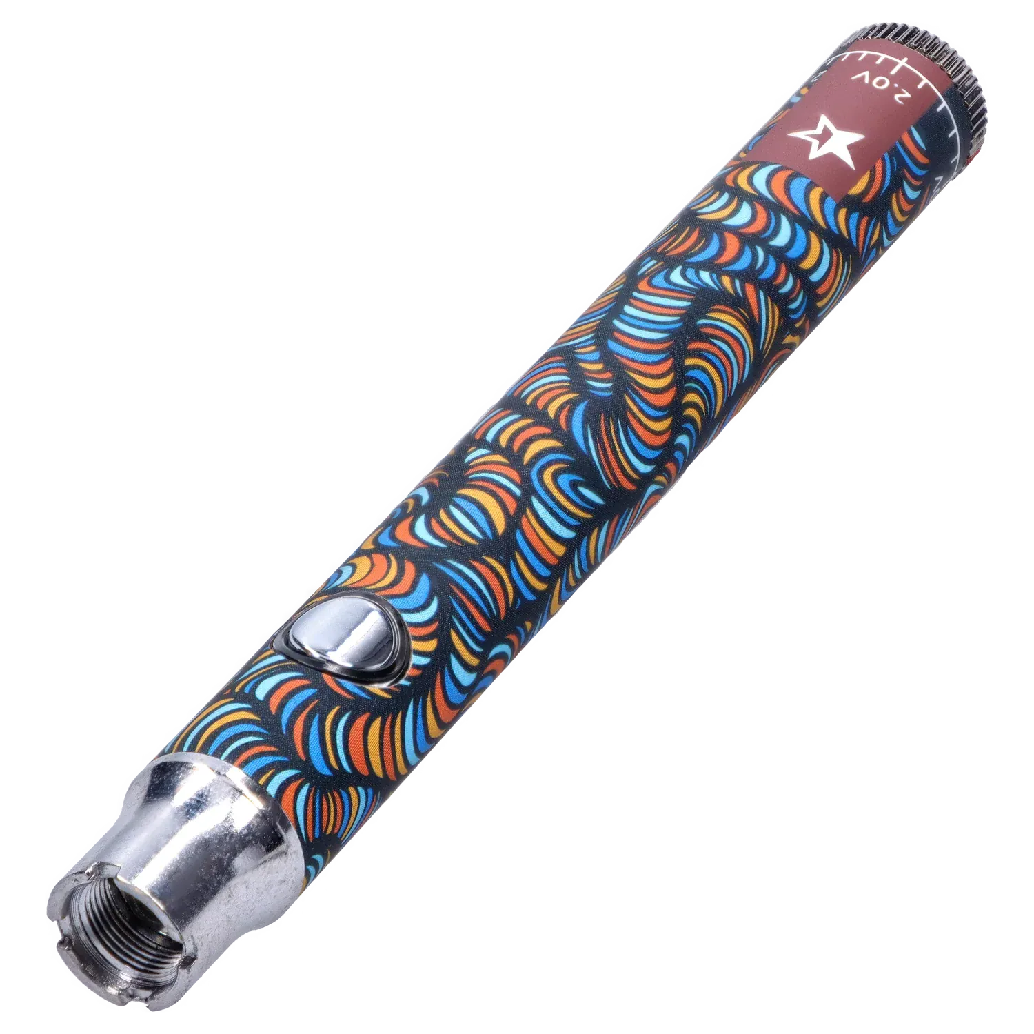 Angled close-up of the Famous Design Lit Sticc VV Battery - Mixed Design showing its colorful blue, orange and yellow swirl pattern, chrome tip, and side button.