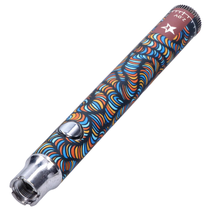 Angled close-up of the Famous Design Lit Sticc VV Battery - Mixed Design showing its colorful blue, orange and yellow swirl pattern, chrome tip, and side button.