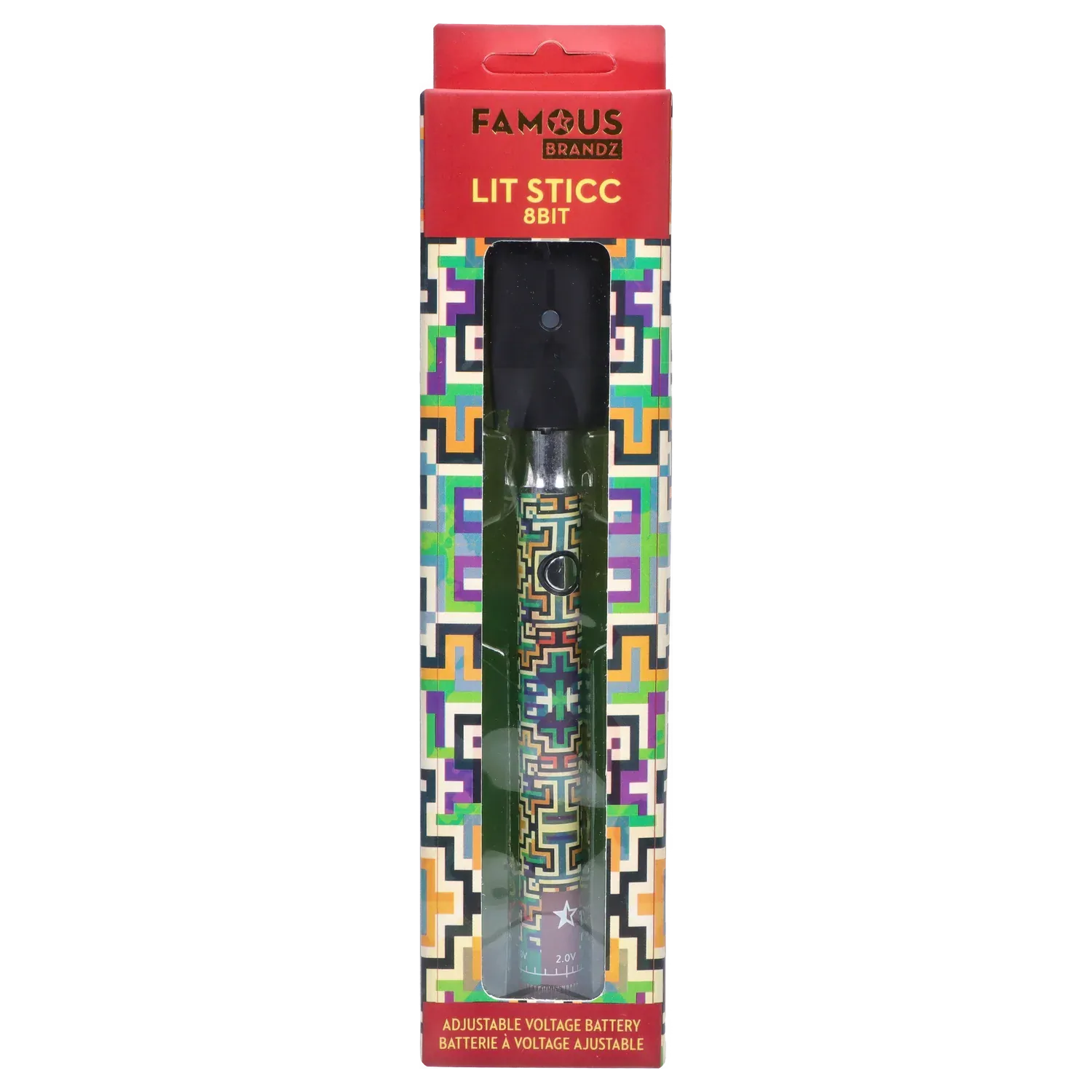Vertical front view of the Famous Design Lit Sticc VV Battery - Mixed Design in its windowed box showing a colorful geometric patterned battery and red header branding.