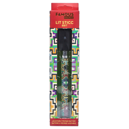 Vertical front view of the Famous Design Lit Sticc VV Battery - Mixed Design in its windowed box showing a colorful geometric patterned battery and red header branding.