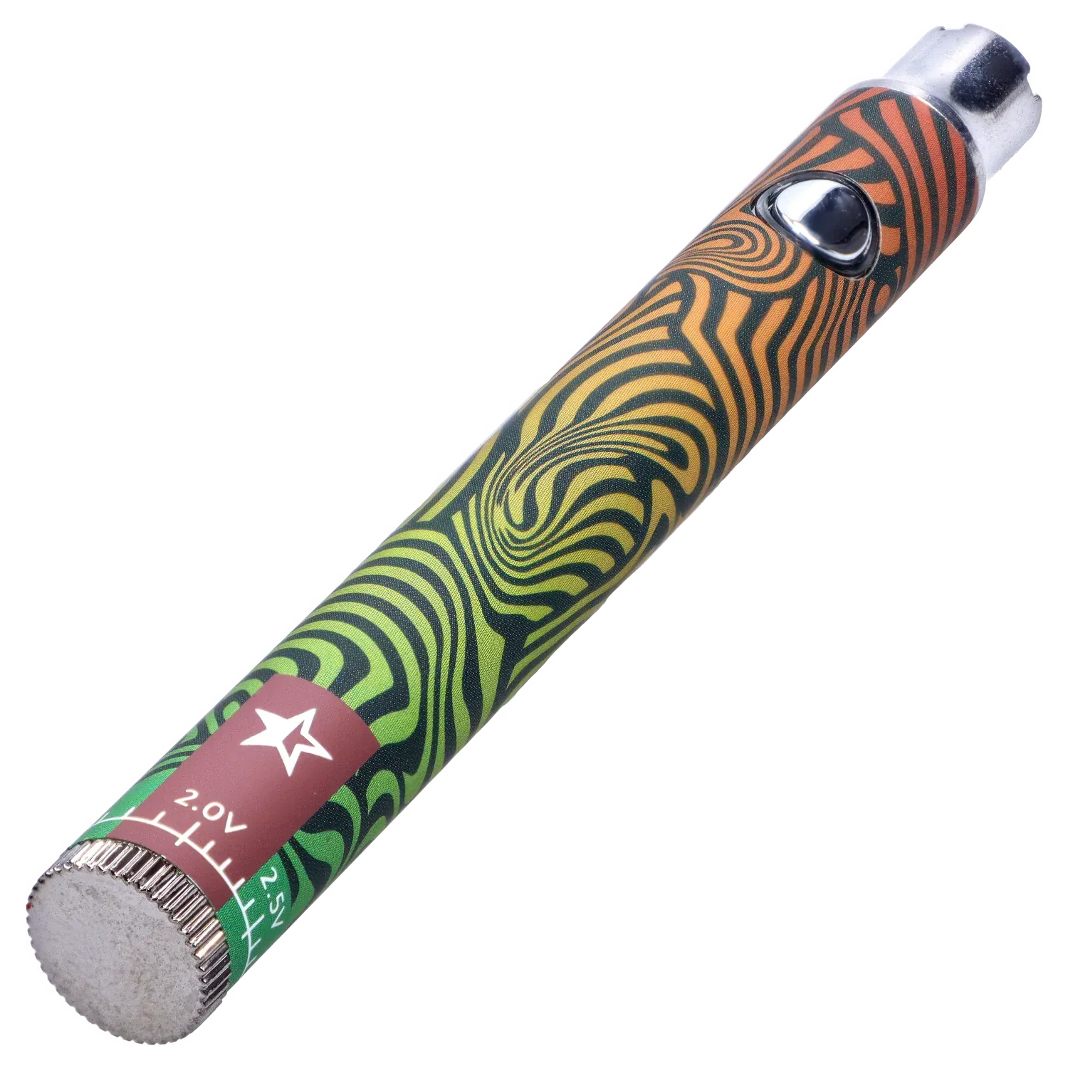 Angled close-up of the Famous Design Lit Sticc VV Battery - Mixed Design showing its green-to-orange swirling pattern and silver button.