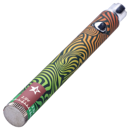 Angled close-up of the Famous Design Lit Sticc VV Battery - Mixed Design showing its green-to-orange swirling pattern and silver button.
