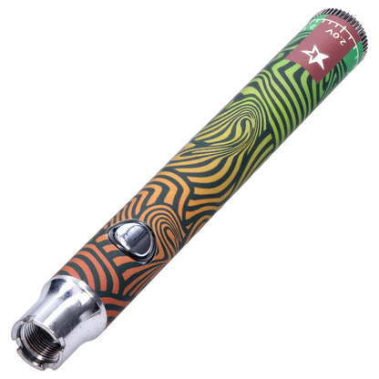Angled close-up of the Famous Design Lit Sticc VV Battery - Mixed Design showing its metallic tip, single shiny button, and green-to-orange zebra swirl pattern.