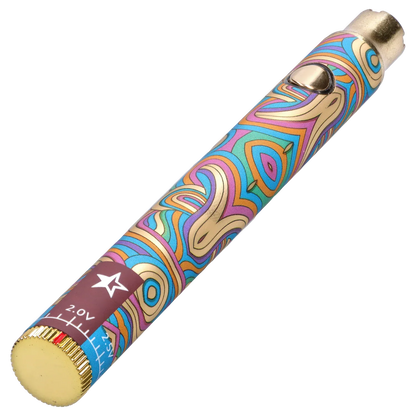 Angled close-up of the Famous Design Lit Sticc VV Battery - Mixed Design showing a gold-buttoned end and swirling turquoise, pink, orange and gold pattern along the shaft