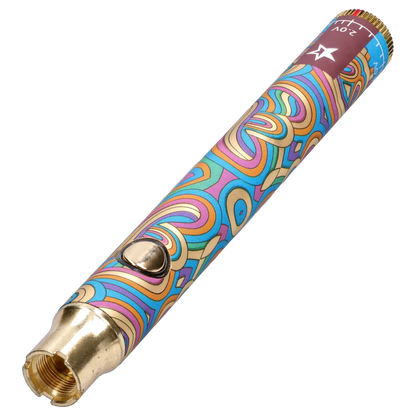 Angled close-up of the Famous Design Lit Sticc VV Battery - Mixed Design showing its gold tip, raised button, and colorful swirled pattern on a white background