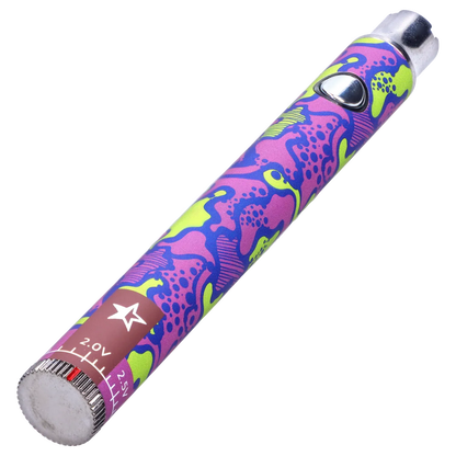 Angled close-up of the Famous Design Lit Sticc VV Battery - Mixed Design showing its purple, lime and blue abstract pattern and metal button.