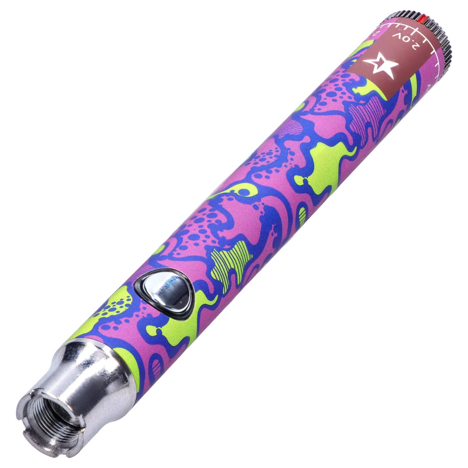 Angled close-up of the Famous Design Lit Sticc VV Battery - Mixed Design showing its purple, neon green and blue abstract pattern, metal tip, and side button.