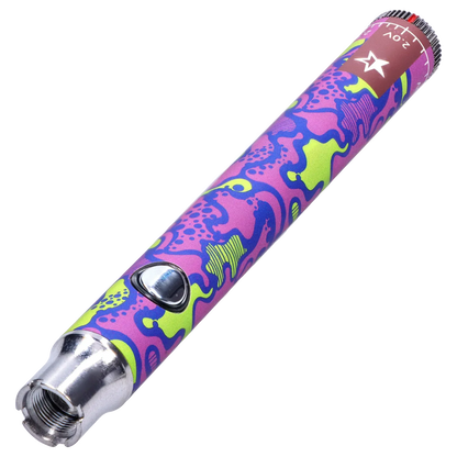 Angled close-up of the Famous Design Lit Sticc VV Battery - Mixed Design showing its purple, neon green and blue abstract pattern, metal tip, and side button.