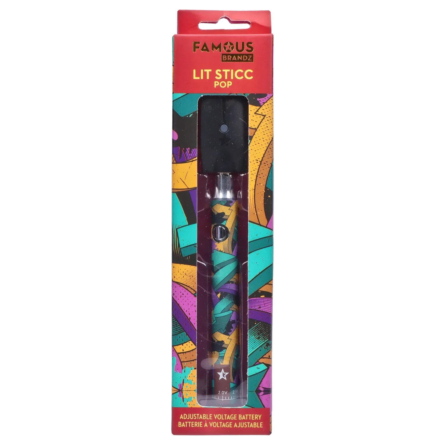 Vertical front view of the Famous Design Lit Sticc VV Battery - Mixed Design in its clear windowed packaging showing the colorful teal, purple and orange abstract patterned pen and black mouthpiece.
