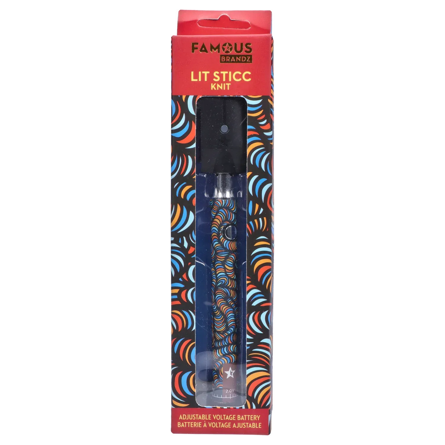 Tall front-facing shot of the Famous Design Lit Sticc VV Battery - Mixed Design in its windowed packaging showing a black top and a colorful swirled body visible through clear plastic.