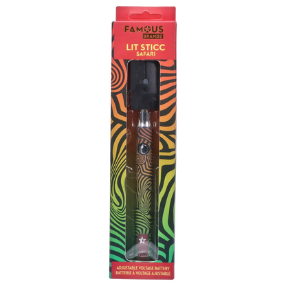 Tall front view of the Famous Design Lit Sticc VV Battery - Mixed Design in its clear windowed packaging showing orange-green zebra swirls.