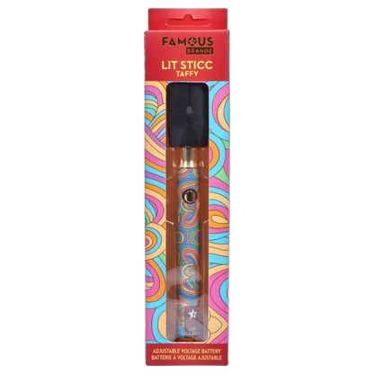 Tall front-facing shot of the Famous Design Lit Sticc VV Battery - Mixed Design in its colorful swirled packaging visible through a vertical plastic window.