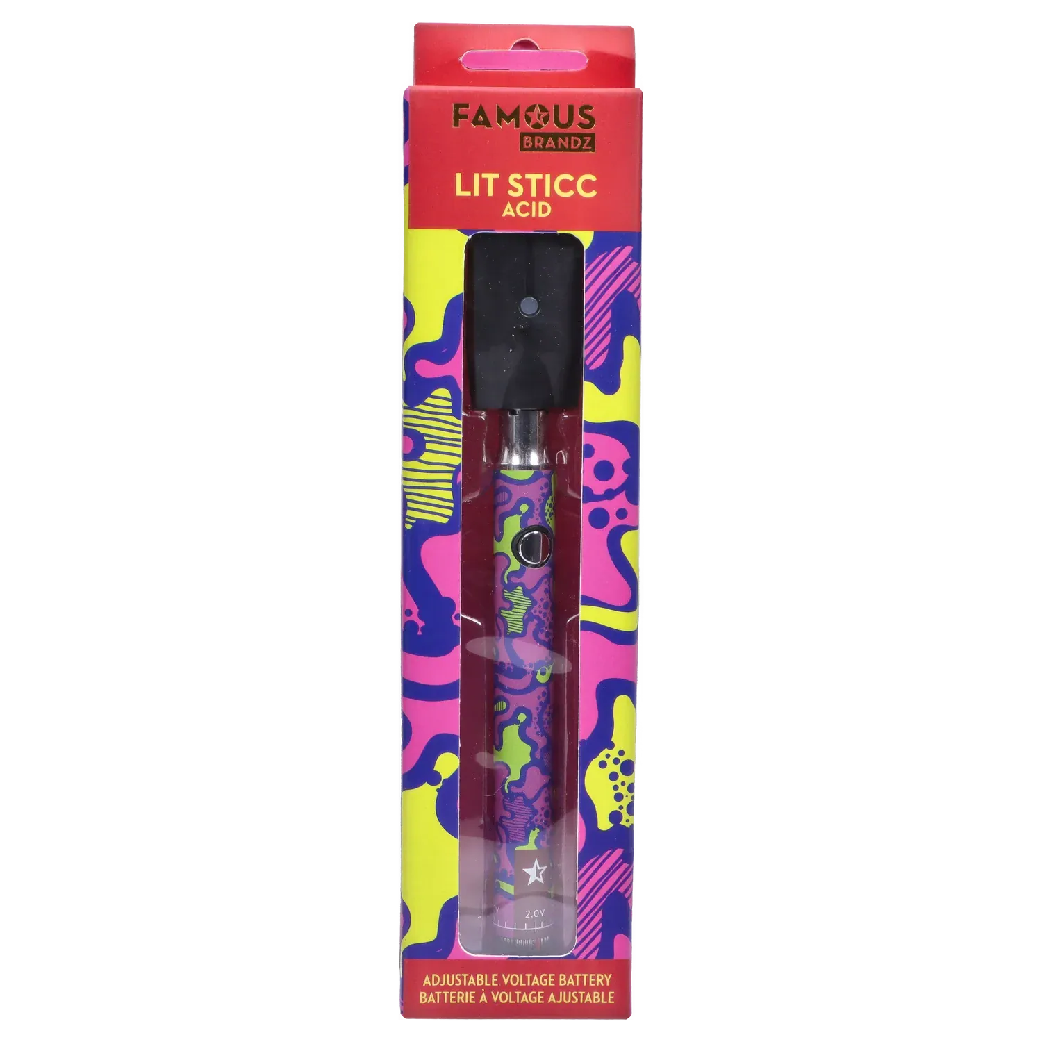 Front-facing product shot of the Famous Design Lit Sticc VV Battery - Mixed Design shown upright in its clear plastic window with bright pink, yellow and blue psychedelic packaging.