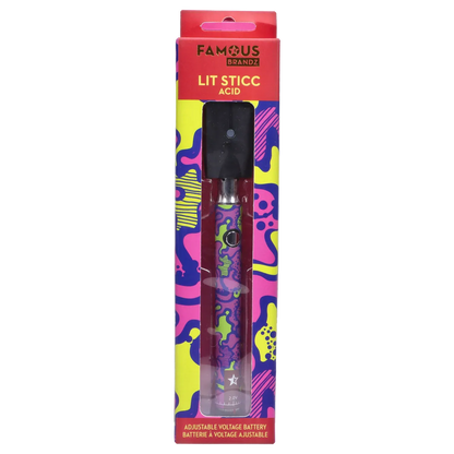 Front-facing product shot of the Famous Design Lit Sticc VV Battery - Mixed Design shown upright in its clear plastic window with bright pink, yellow and blue psychedelic packaging.
